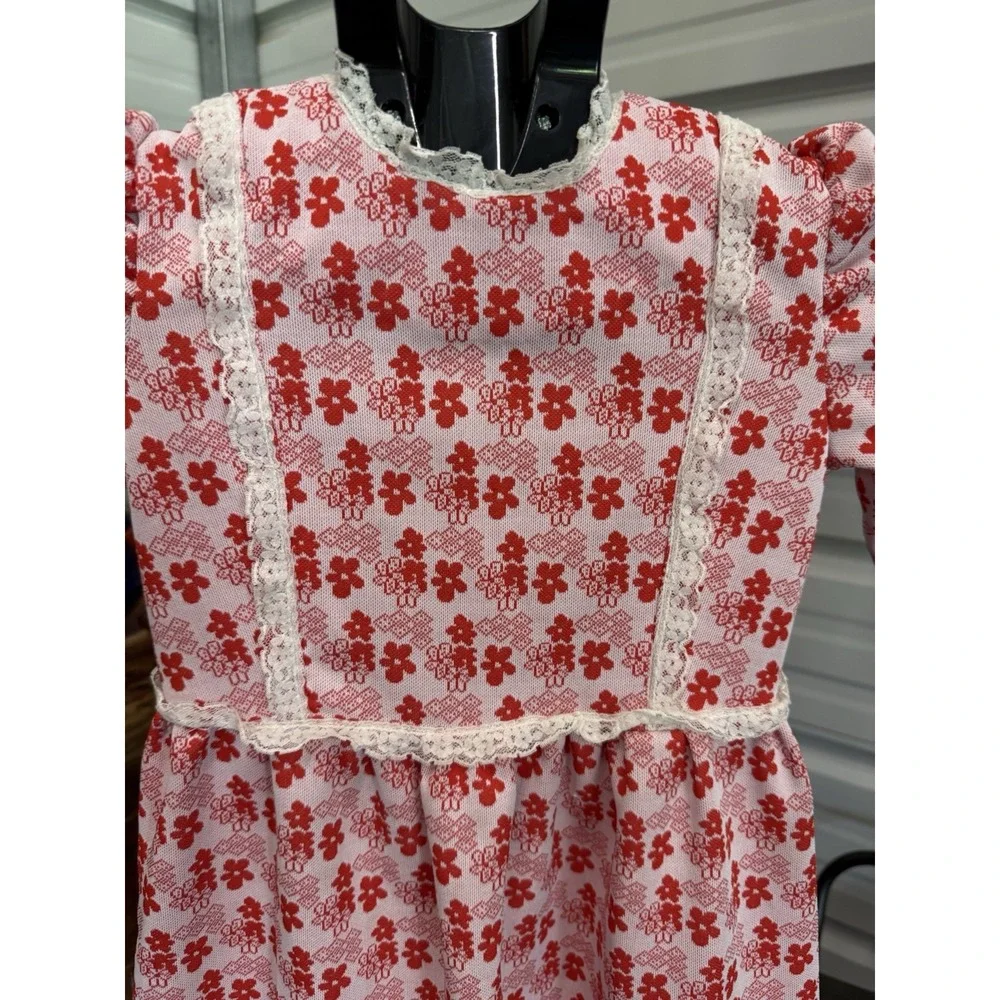 Vintage Handmade Little House Prairie Girls Dress Pink Red Floral Lace 4T